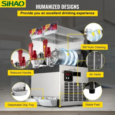SIHAO 15Lx2 Commercial Slush Machine 500W – Dual Tank Frozen Drink System for Margarita, Smoothie, Juice, Tea & Coffee​​